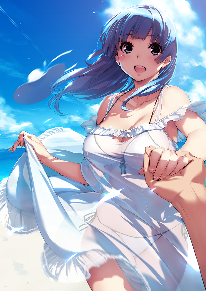 1girl, beach, bikini, blue_eyes, blue_hair, blush, breasts, large_breasts
