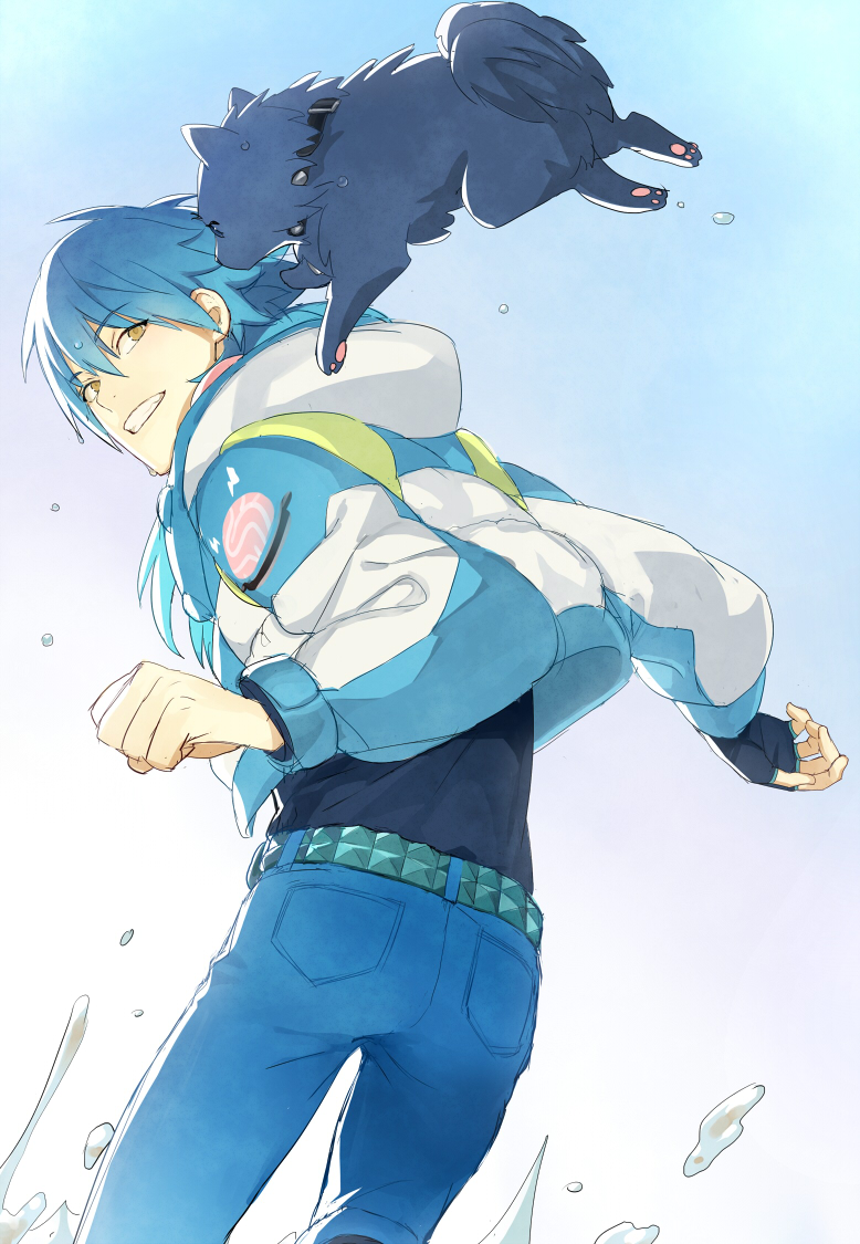 1boy, belt, blue_hair, dog, dramatical_murder, ginka_sima, jacket, male