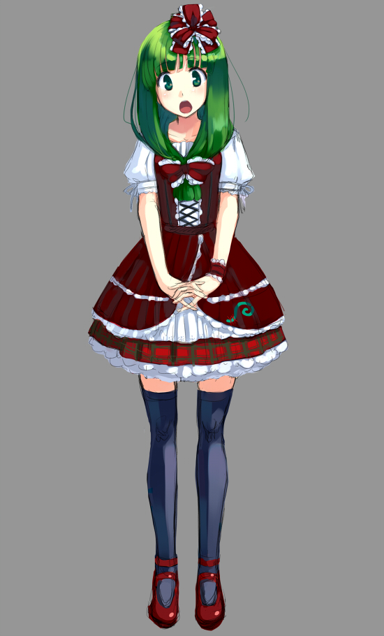 1girl, adapted_costume, black_legwear, dress, front_ponytail, full_body, green_eyes, green_hair
