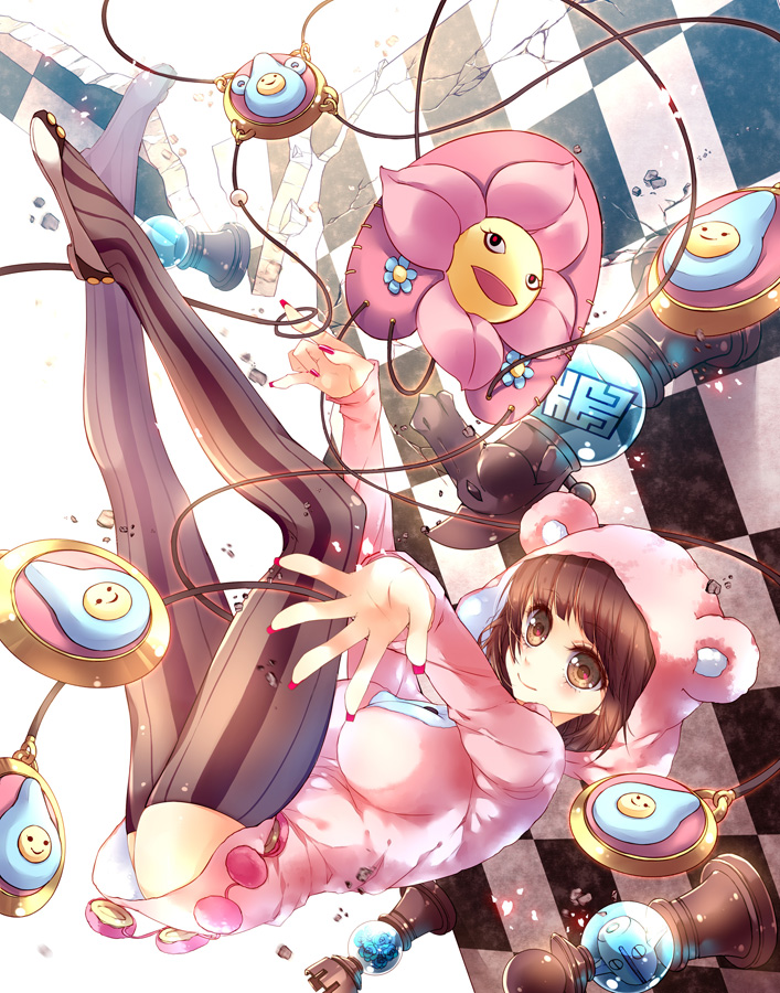 1girl, animal_ears, black_eyes, black_hair, bob_cut, california_king_bed, chess_piece, dixie_cup_hat