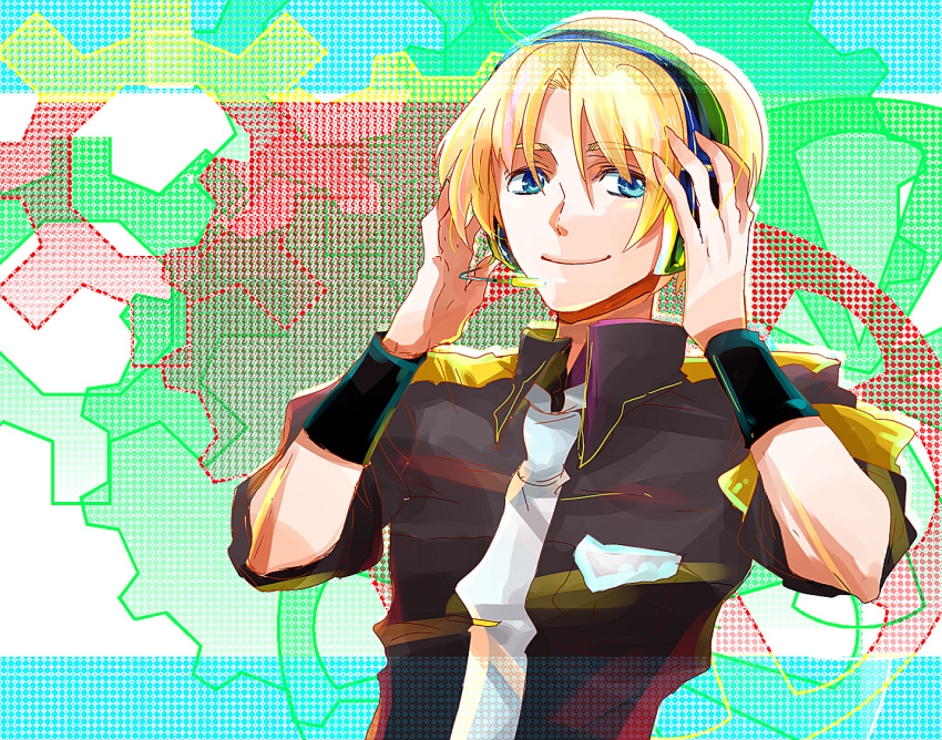 aqua_eyes, blonde_hair, headphones, headset, male, necktie, sachirou, smile