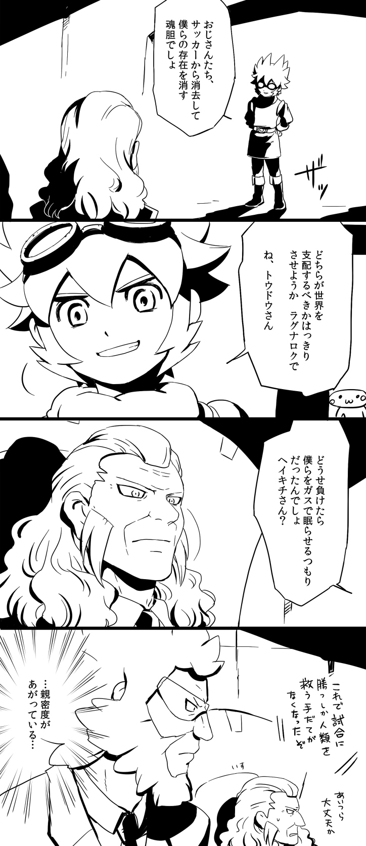3boys, comic, goggles, goggles_on_head, grin, highres, inazuma_eleven_(series), inazuma_eleven_go