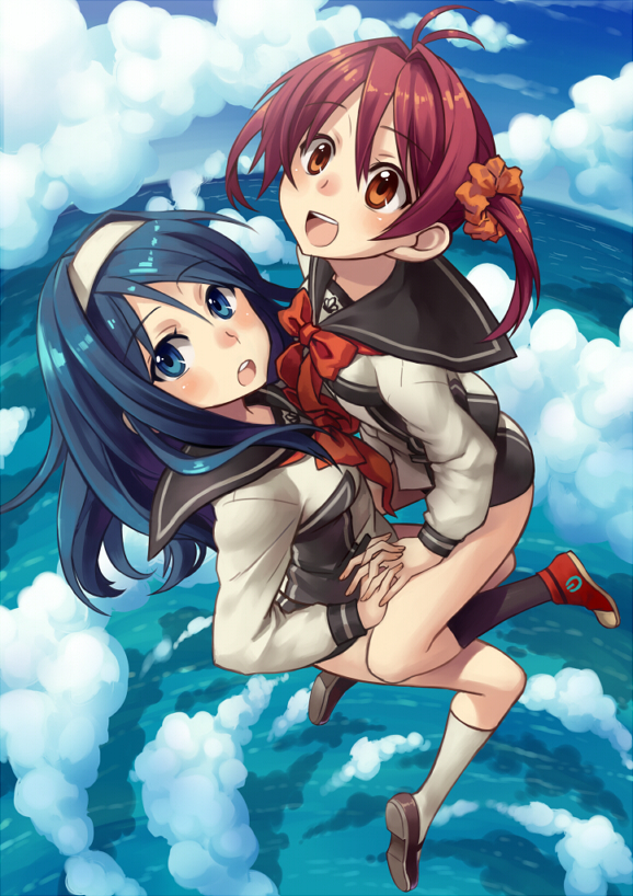 2girls, blue_eyes, blue_hair, brown_eyes, brown_hair, clouds, falling, futaba_aoi_(vividred_operation)