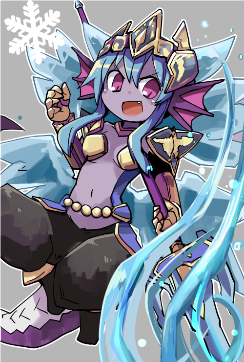 1girl, armor, blue_hair, demon_girl, dollar, frost_demon_(p&amp;d), head_fins, ice