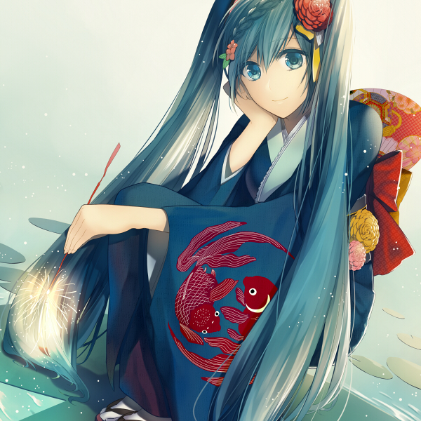 1girl, aqua_eyes, aqua_hair, fireworks, flower, hair_ornament, hatsune_miku, japanese_clothes, kimono, kurosawalena, long_hair, smile, solo, twintails, vocaloid, yukata
