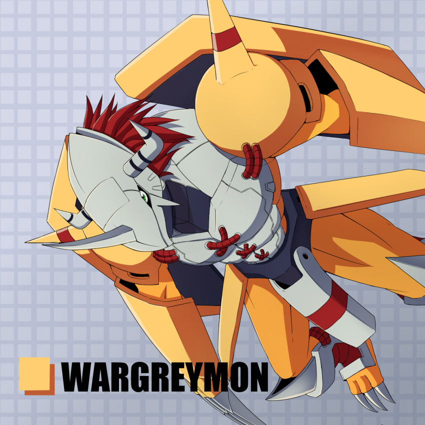 armor, character_name, claws, digimon, digimon_adventure, gauntlets, greaves, green_eyes, grid, helmet, highres, horns, monster, no_humans, redhead, s09v165, shoulder_pads, solo, spikes, wargreymon