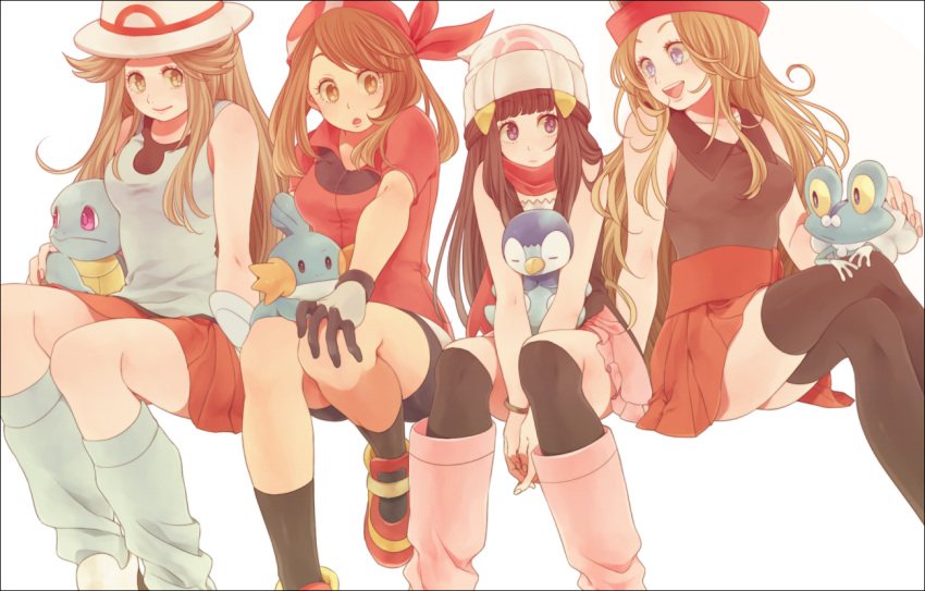 4girls, bandana, bare_shoulders, beanie, black_hair, blue_(pokemon), blue_eyes, boots