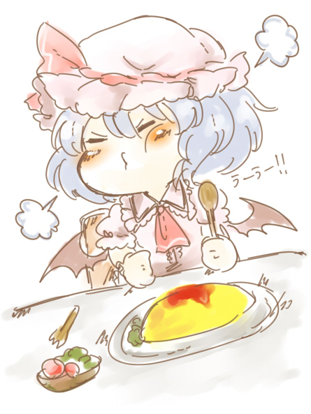 1girl, ascot, bat_wings, blue_hair, chair, closed_eyes, commentary_request, dress