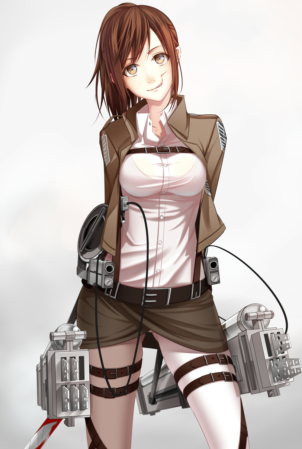 1girl, blood, brown_eyes, brown_hair, highres, jacket, koyaya, licking