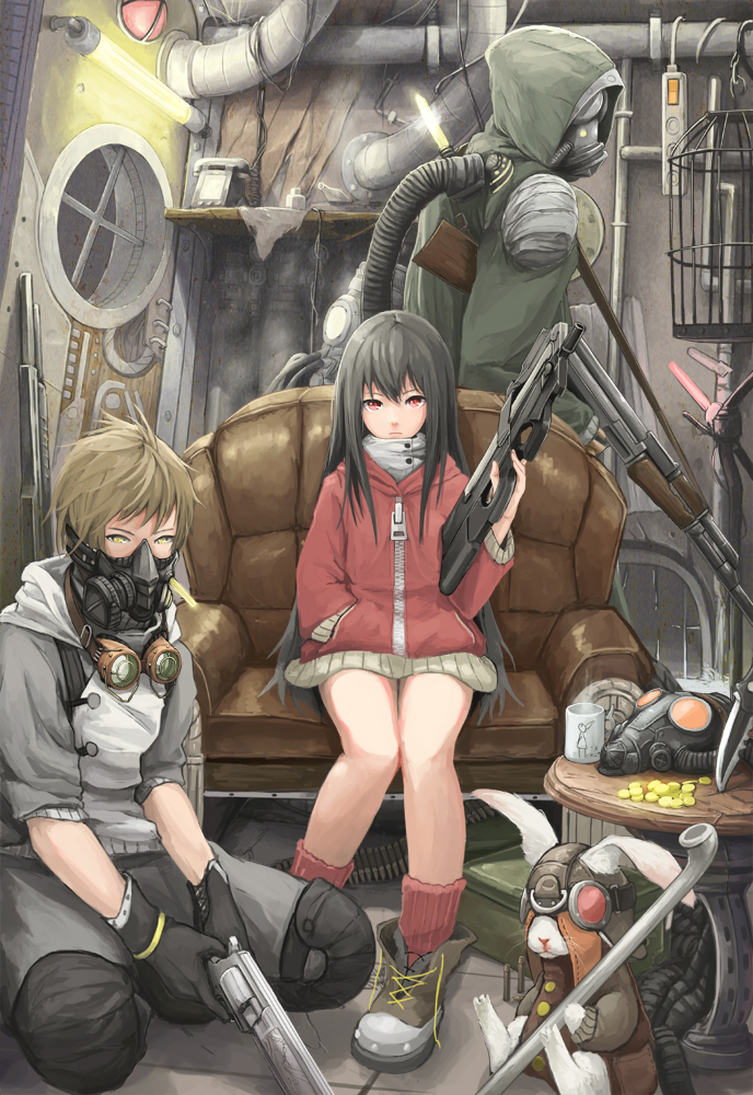 1boy, 1girl, ak-47, akira0171, assault_rifle, black_hair, boots, brown_eyes