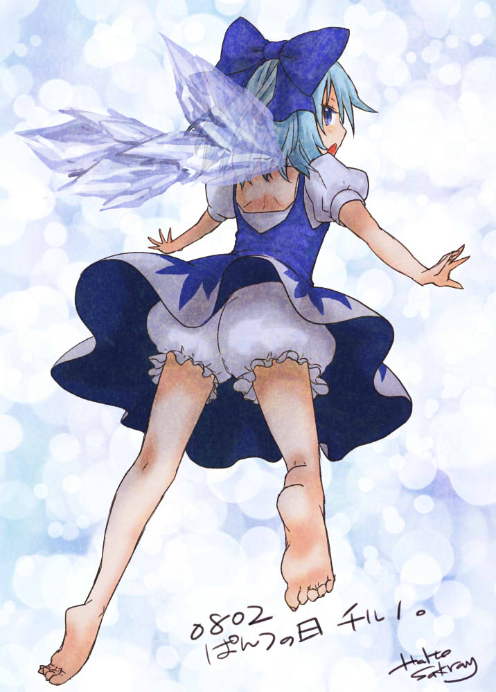 1girl, barefoot, bloomers, blue_eyes, blue_hair, bow, cirno, dress