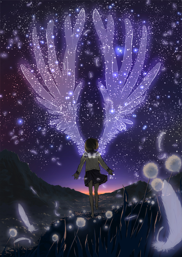 1girl, barefoot, brown_hair, cliff, dandelion, feathered_wings, feathers, flower, from_behind, minatsuki_(sitsu), mountain, original, outstretched_arms, school_uniform, short_hair, skirt, sky, spread_arms, sunset, wings