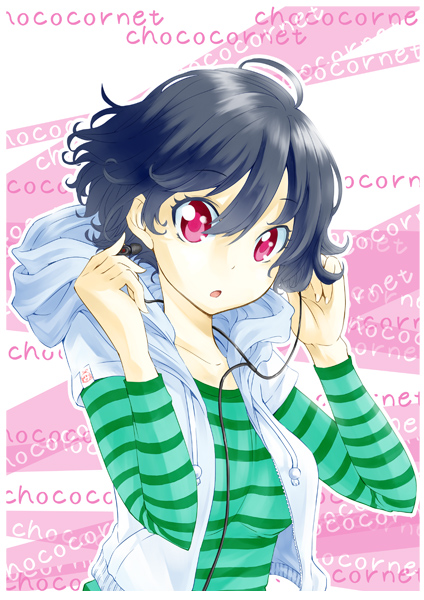 1girl, :o, ahoge, black_hair, earphones, hoodie, katou_kouki, looking_at_viewer, open_mouth, original, red_eyes, romaji, short_hair, solo, striped, tagme