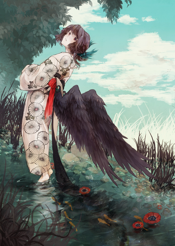 1girl, alternate_costume, black_hair, brown_eyes, fish, flower, grass, japanese_clothes, kimono, mi-so, reiuji_utsuho, ribbon, short_hair, solo, touhou, water, wings