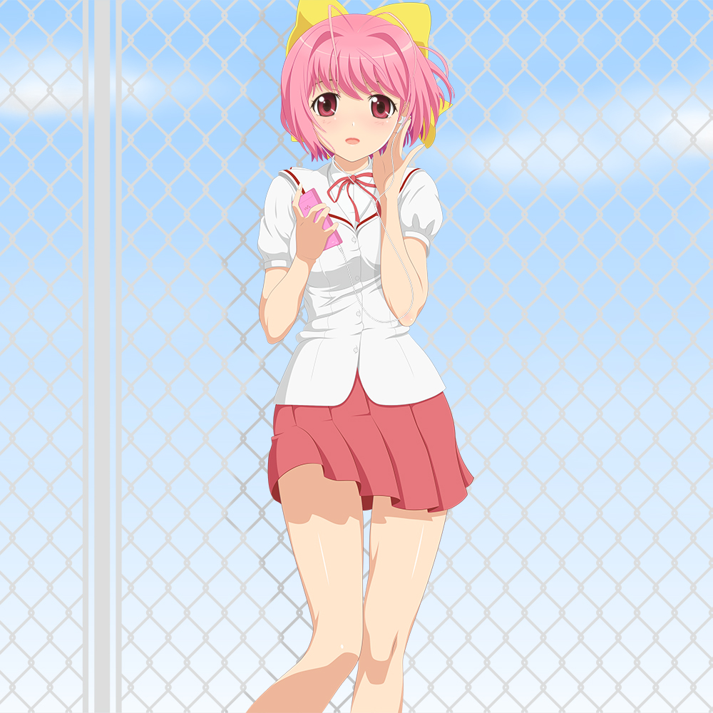 1girl, antenna_hair, bow, cellphone, earphones, fence, hair_bow, kami_nomi_zo_shiru_sekai