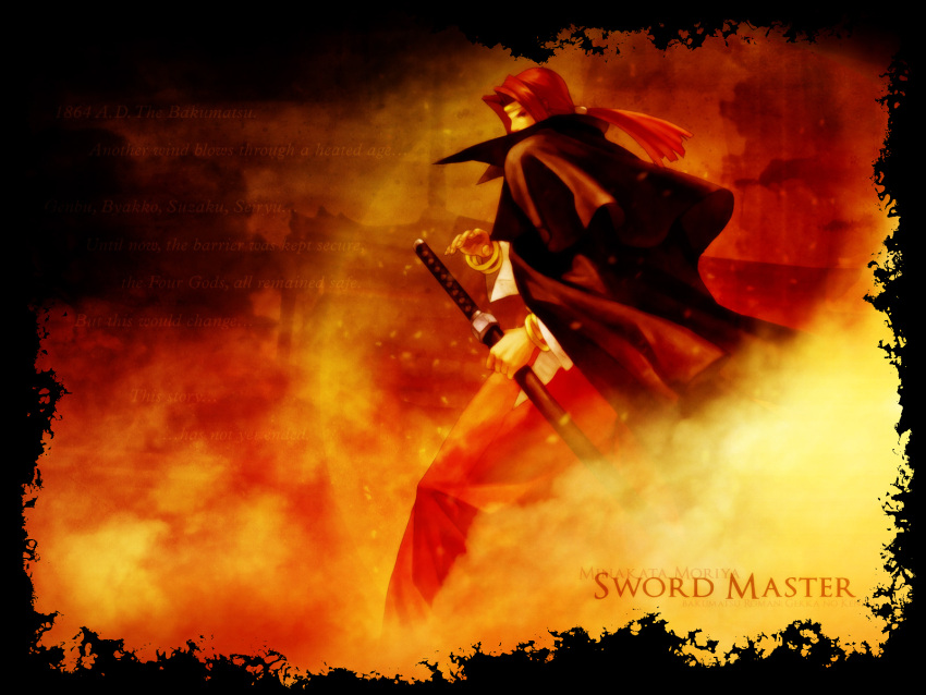 bandana, bracelet, cape, fire, last_blade, long_hair, minakata_moriya, redhead, snk, sword