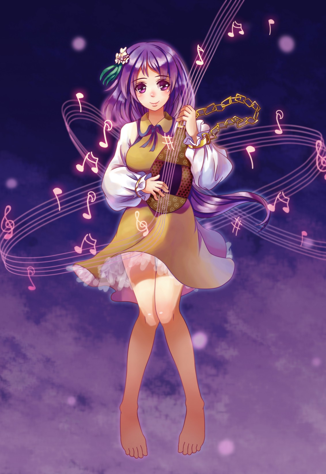 1girl, barefoot, chain, dress, flower, hair_flower, hair_ornament, highres