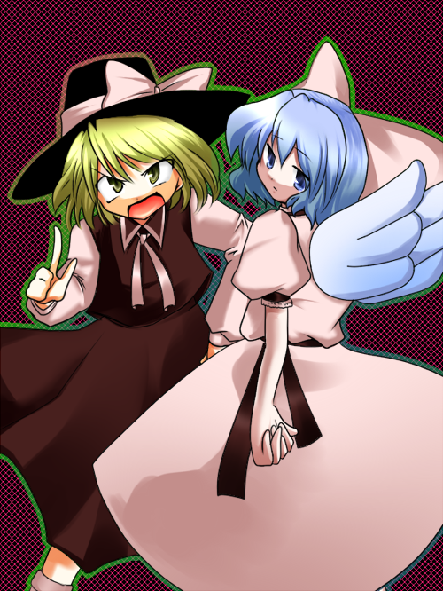2girls, angry, blonde_hair, blue_eyes, blue_hair, bow, dress, hair_bow