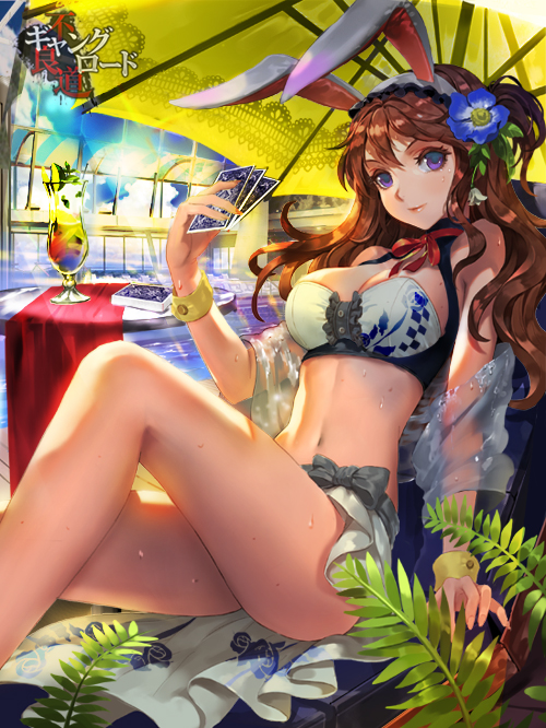 1girl, animal_ears, bikini, brown_hair, card, flower, hair_flower, hair_ornament