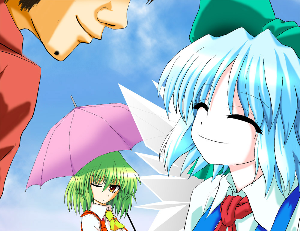 1boy, 2girls, blue_hair, blue_sky, bow, brown_eyes, cirno, closed_eyes