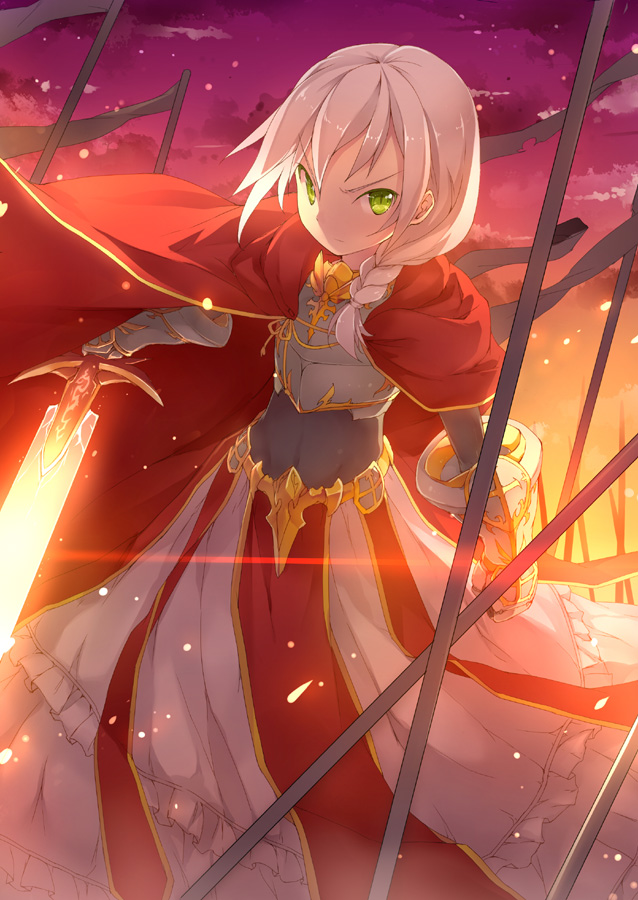 1girl, armor, braid, cape, corset, green_eyes, looking_at_viewer, metal_gloves
