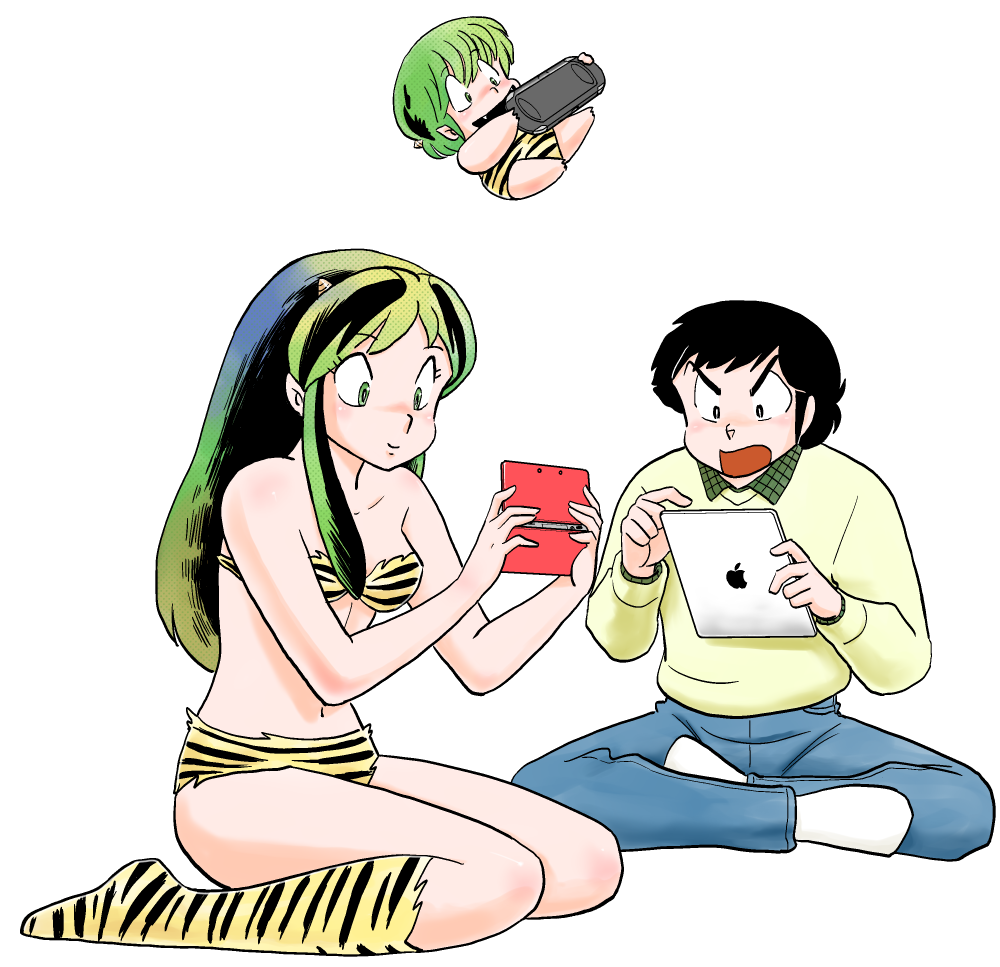 1girl, 2boys, black_hair, green_eyes, green_hair, horns, ipad, jeans