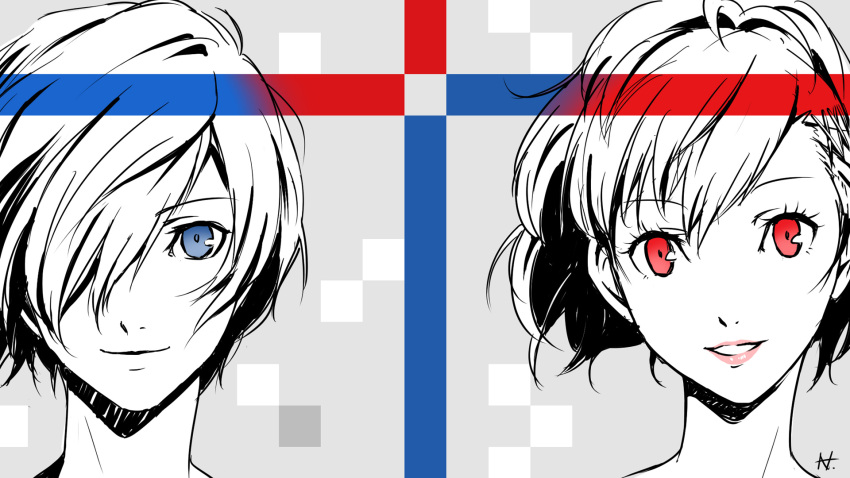 1boy, 1girl, arisato_minato, blue_eyes, face, female_protagonist_(persona_3), hair_ornament, hair_over_one_eye, hairclip, hanosuke, highres, lipstick, makeup, persona, persona_3, persona_3_portable, red_eyes, short_hair, sketch, smile, spot_color, yuuki_makoto