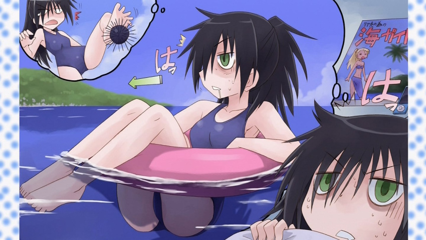 1girl, artist_request, bags_under_eyes, black_hair, digital_media_player, drooling, floating, green_eyes