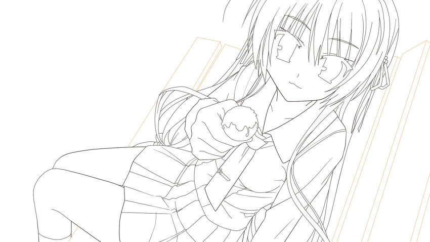 1girl, bench, breasts, lineart, long_hair, looking_at_viewer, monochrome, school_uniform