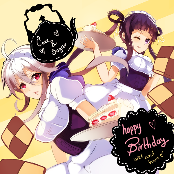 2girls, ahoge, apron, black_hair, breasts, cake, character_request, food