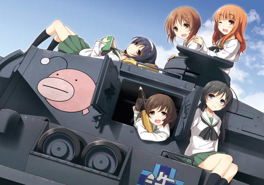 5girls, akiyama_yukari, ammunition, black_hair, book, brown_eyes, brown_hair, clouds