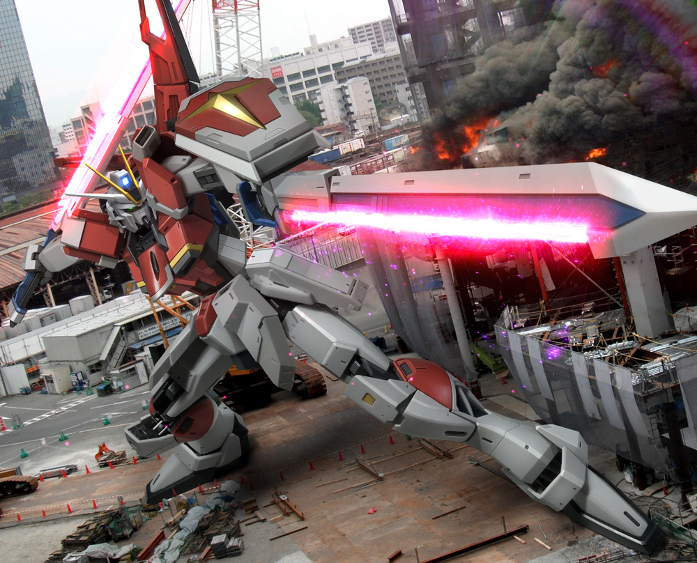 building, city, crane, dual_wielding, energy_sword, fire, glowing, glowing_eyes