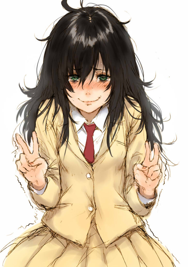 1girl, black_hair, blush, double_v, green_eyes, kuroki_tomoko, long_hair, makimura_shunsuke