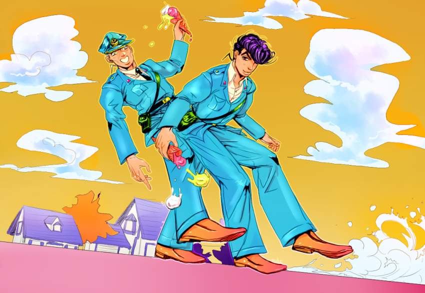 2boys, food, hat, higashikata_jousuke, ice_cream, jojo_no_kimyou_na_bouken, multiple_boys, nanatsudogychou