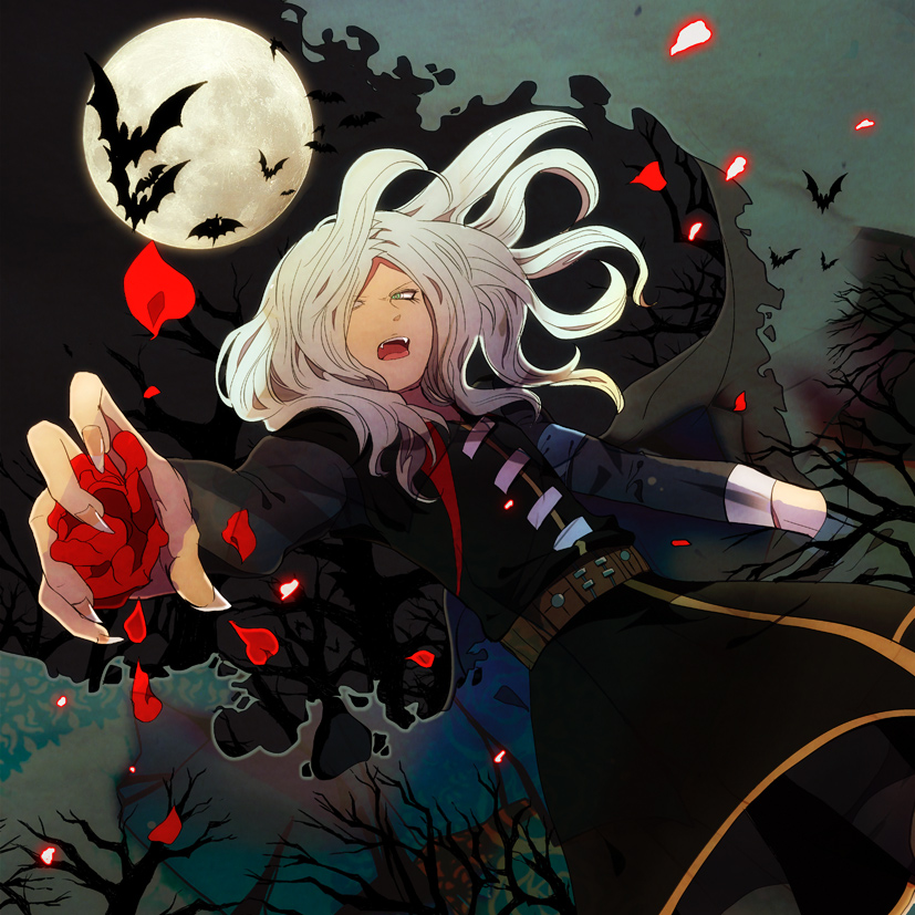 1boy, armband, bat, fangs, fingernails, full_moon, inazuma_eleven_(series), inazuma_eleven_go, inazuma_eleven_go_chrono_stone, kusa_chuu, long_fingernails, long_hair, male, moon, open_mouth, solo, tree, vamp_time, vanfeny_vamp