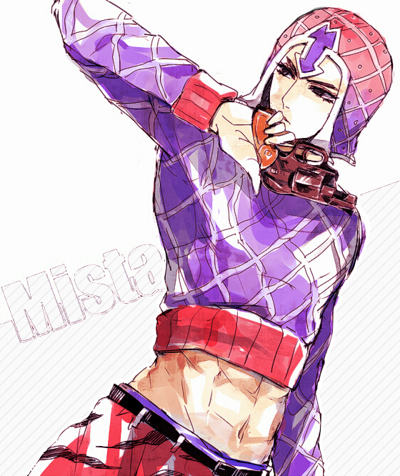 1boy, black_eyes, guido_mista, gun, hat, jojo_no_kimyou_na_bouken, kaya_(umum78), midriff