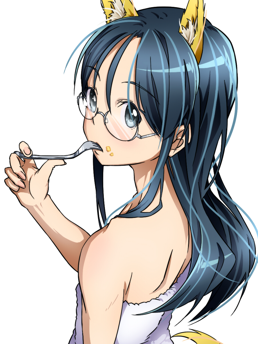 1girl, animal_ears, bare_shoulders, black_hair, blue_eyes, extra_ears, food, food_on_face