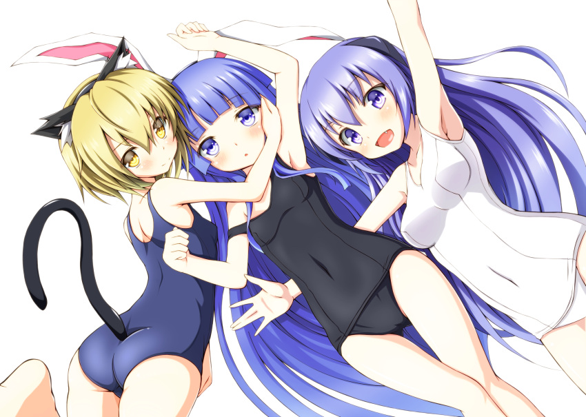 3girls, animal_ears, armpits, bangs, black_school_swimsuit, blonde_hair, blue_hair, blue_swimsuit