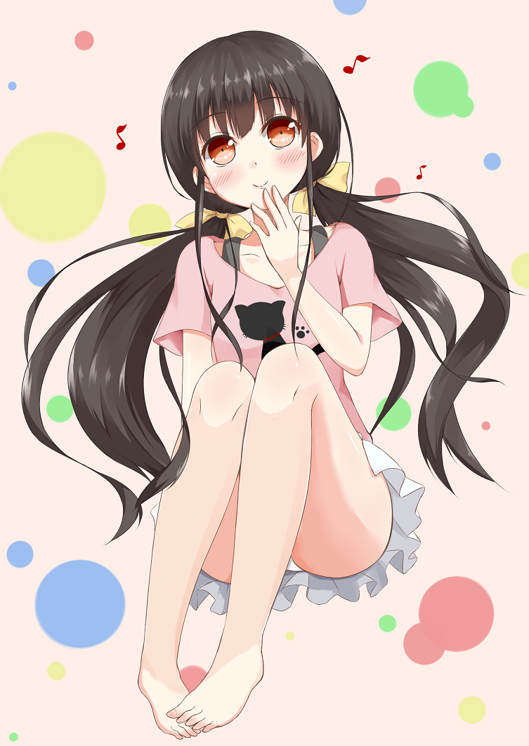 1girl, barefoot, black_hair, blush, chaa_(korone-ze), legs, long_hair, musical_note