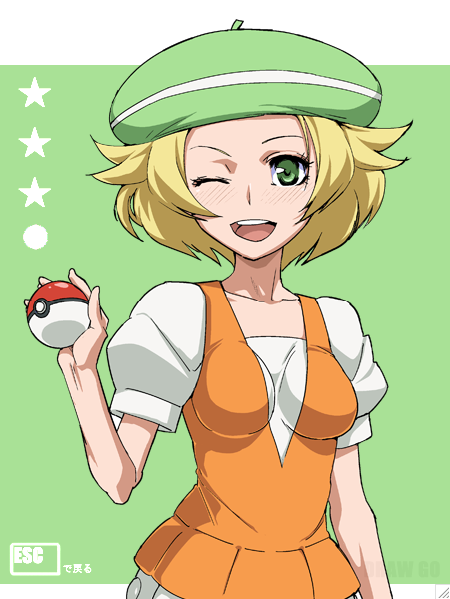 1girl, bel_(pokemon), blonde_hair, green_background, green_eyes, green_hat, jaga_note, pokemon