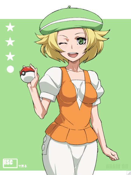 1girl, bel_(pokemon), blonde_hair, green_background, green_eyes, green_hat, jaga_note, pokemon