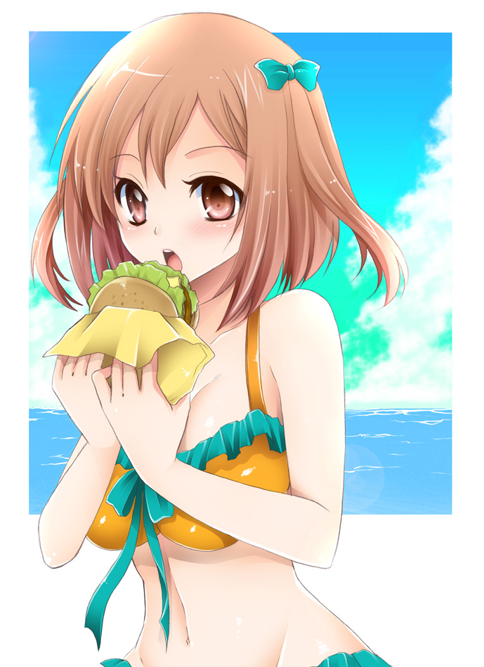 1girl, bikini, blush, breasts, brown_eyes, brown_hair, food, hamburger