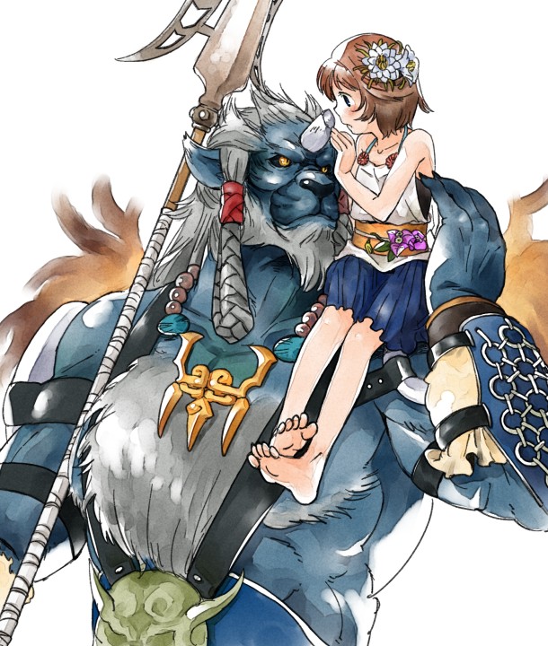 1girl, backlighting, bare_shoulders, barefoot, beard, blue_skin, broken_horn, brown_hair, child, collarbone, facial_hair, final_fantasy, final_fantasy_x, flower, fur, hair_flower, hair_ornament, horn, kimahri_ronso, muscle, ronso, sitting, sitting_on_shoulder, skirt, toes, weapon, white_background, yellow_eyes, young, yukataro, yuna