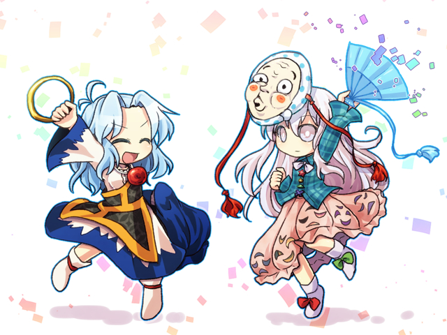 2girls, arm_up, blue_hair, bow, closed_eyes, expressionless, face_mask, fall_(artist)