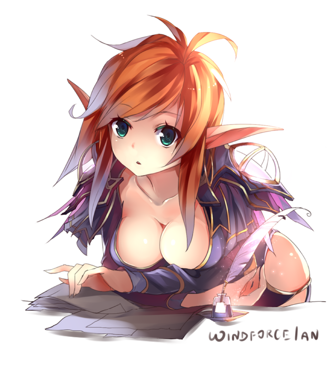 1girl, breasts, cleavage, elf, fethaer, pointy_ears, solo, warcraft
