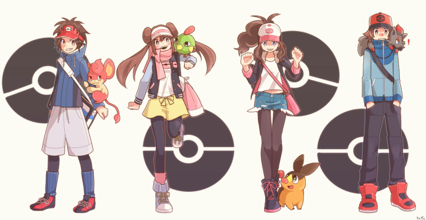 2boys, 2girls, blue_eyes, blush, brown_hair, kingyo_(g-fish), kyouhei_(pokemon), mei_(pokemon), multiple_boys, multiple_girls, natu, pansear, pantyhose, pokemon, pokemon_(creature), pokemon_(game), shorts, skirt, tepig, touko_(pokemon), touya_(pokemon), vest, zorua