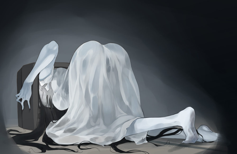 1girl, akaume, ass, bare_shoulders, barefoot, black_eyes, black_hair, feet, long_hair, pale_skin, solo, television, the_ring, torn_clothes, very_long_hair, yamamura_sadako