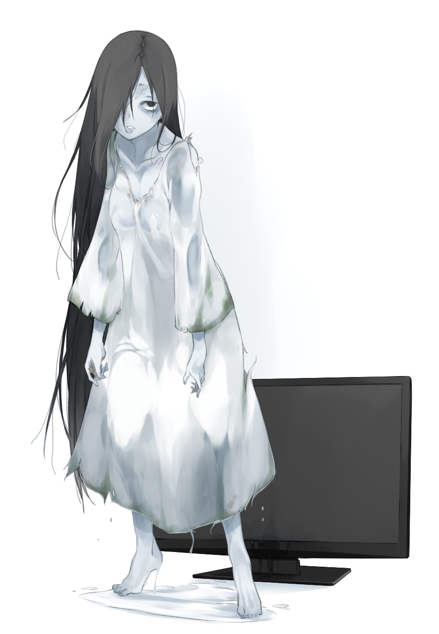 1girl, akaume, bare_shoulders, black_eyes, black_hair, hair_over_one_eye, highres, long_hair, pale_skin, purple_hair, simple_background, solo, television, the_ring, torn_clothes, very_long_hair, wet, white_background, yamamura_sadako