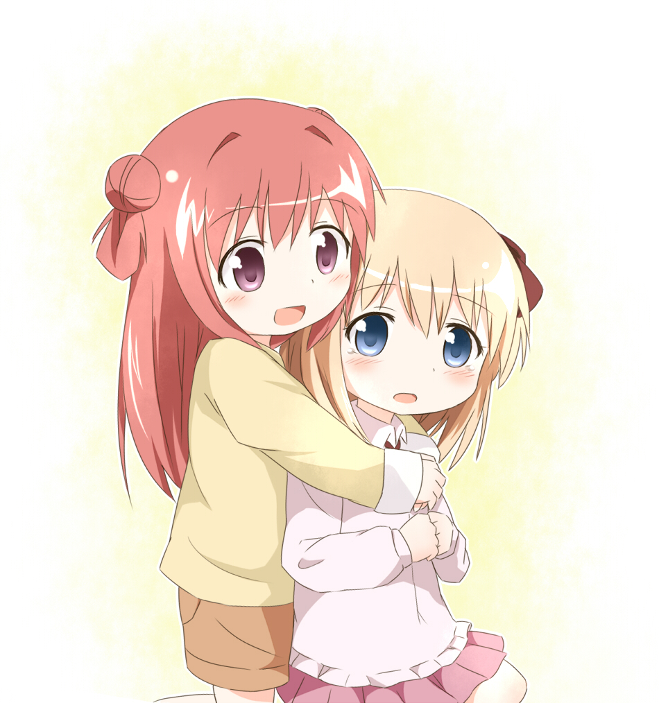 2girls, :d, akaza_akari, araki495, blonde_hair, blue_eyes, child, double_bun, hair_bun, hug, long_hair, multiple_girls, open_mouth, redhead, shorts, skirt, smile, tears, toshinou_kyouko, violet_eyes, young, yuru_yuri