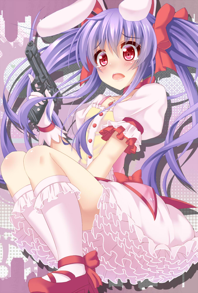 1girl, alternate_costume, animal_ears, blush, bow, frills, gloves, gun